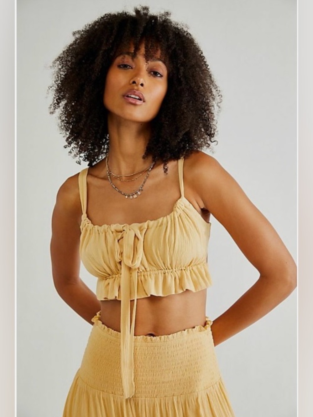 Free People Corazon Crop Top Yellow Ruched Tie Front Boho Size M